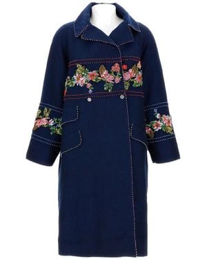 Péro Embroidered Double-Breasted Coat - Blue