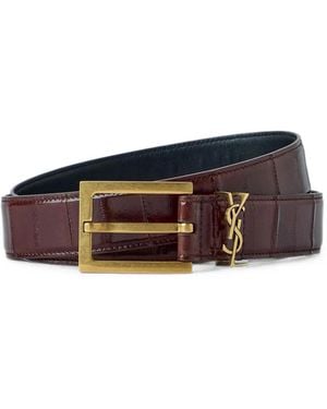 Saint Laurent Crocodile-Effect Logo-Plaque Belt - Brown