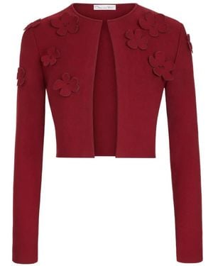 Oscar de la Renta Laser-Cut Floral Knit Cardigan - Red