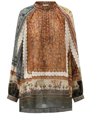 Into The East Patchwork-Motif Top - Brown