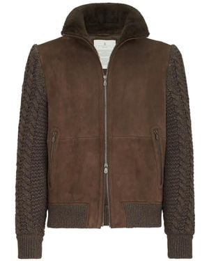 Brunello Cucinelli Suede Shearling And Cashmere Knit Bomber Jacket With Thermore Padding - Brown