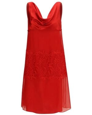 Ferragamo Guipure Lace-Trimmed Silk Midi Dress - Red