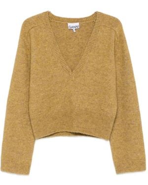 Ganni Ribbed-Trim V-Neck Jumper - Natural