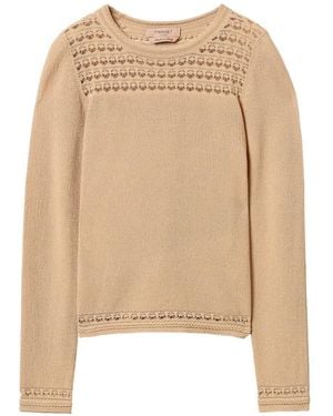 Twinset Pullover Mit Rundhalsausschnitt Und Zopfmuster - Natur
