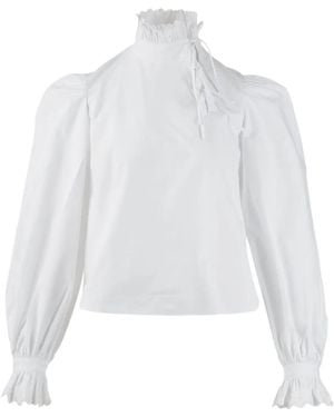 Pushbutton Ruffled High-Neck Blouse - White