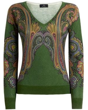 Etro Silk And Cashmere Sweater With V-Neck And Placed Paisley-Print - Green