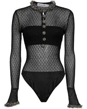 Self-Portrait Bead-Embroidered Mesh Bodysuit - Black