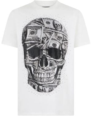Philipp Plein Jersey Round-Neck T-Shirt Skull Dollar Stones - White