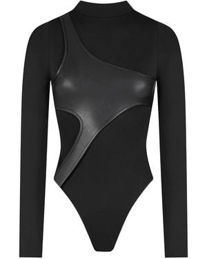 Manière De Voir Leather Overlay High-Neck Bodysuit - Black