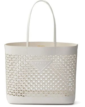 Prada Logo-Perforated Leather Tote Bag - White