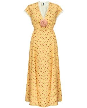 Sleeper Genus Floral-Print Lace-Trim Midi Dress - Metallic