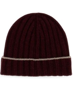 Brunello Cucinelli Ribbed-Knit Contrast-Stripe Beanie Hat - Red