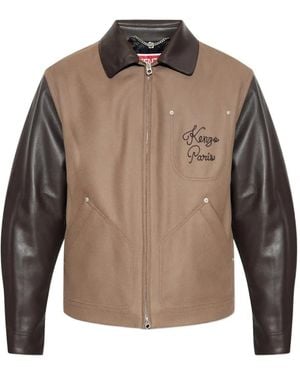 KENZO Embroidered Leather-Sleeves Jacket - Brown