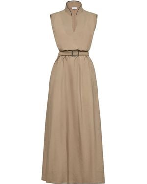 Brunello Cucinelli Techno Cotton Poplin Dress With Belt And Precious Shoulder Detail - Brown