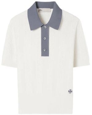 Tory Burch Pointelle-Knit Polo Top - White