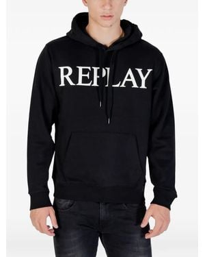 Replay Logo-Print Drawstring Hoodie - Blue