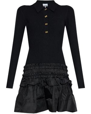Ganni Ribbed Ruffled-Skirt Mini Dress - Black