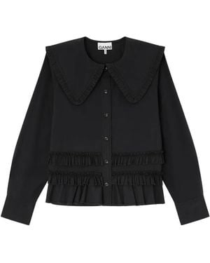 Ganni Stretch Cotton Ruffle Shirt - Black