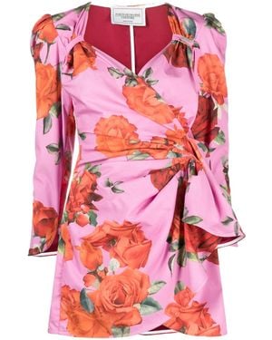 Forte Floral-Print Drape-Detail Dress - Red