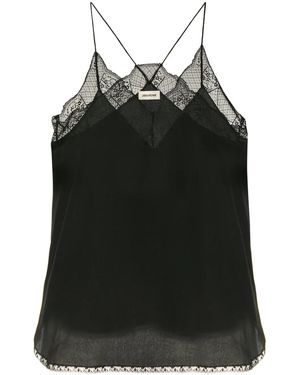 Zadig & Voltaire Ladies Encre Dark Green Christy Lace-trim Velvet Camisole - Black