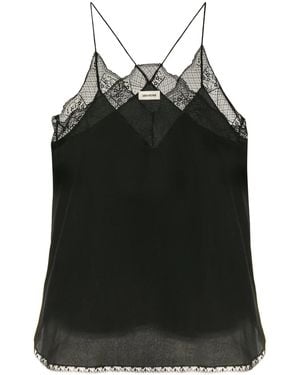 Zadig & Voltaire Ladies Encre Dark Green Christy Lace-trim Velvet Camisole - Black