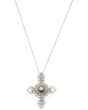 Andreoli Diamond And Pearl Cross Necklace - Metallic