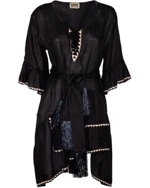 PHO® Firenze Embroidered-Trim Tassel-Detail Dress - Black
