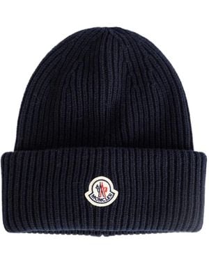 Moncler Logo-Patch Ribbed-Knit Beanie Hat - Blue