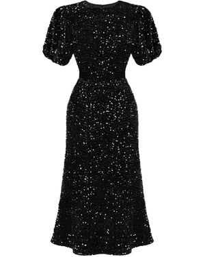 POST MERIDIEM Sequin-Embellished Puff-Sleeve Midi Dress - Black