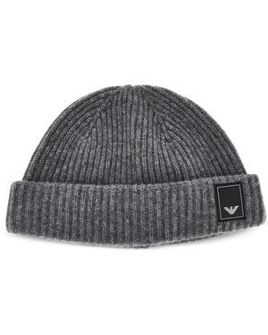 Emporio Armani Ribbed-Knit Beanie Hat - Grey
