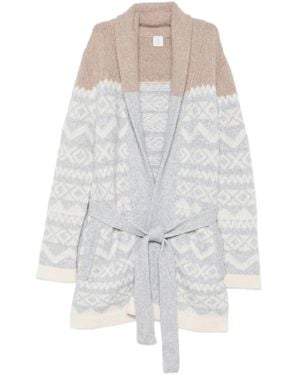 Eleventy Patterned-Jacquard Belted Cardigan - White