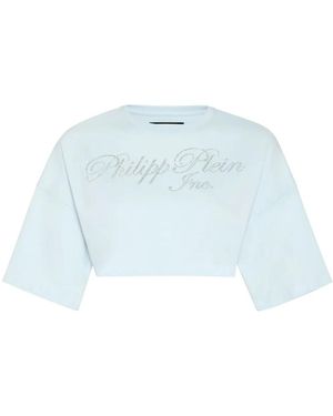 Philipp Plein Crystal-Embellished Logo-Print Cropped T-Shirt - Blue