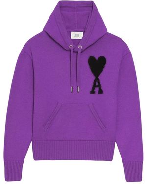 Ami Paris Logo-Intarsia Knit Hoodie - Purple