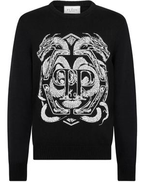 Philipp Plein Graphic-Embroidered Round-Neck Sweater - Black