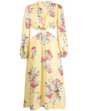 Forte Floral-Print Cut-Out Linen Dress - Metallic