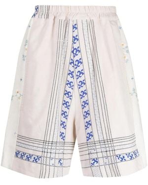 By Walid Embroidered Linen Drop-Crotch Shorts - White