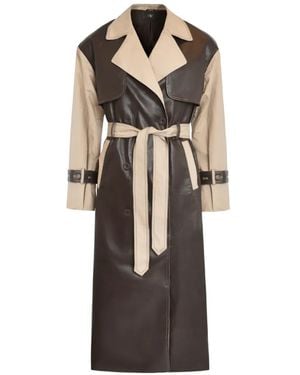 OW Collection Betty Contrast-Panel Belted Coat - Brown