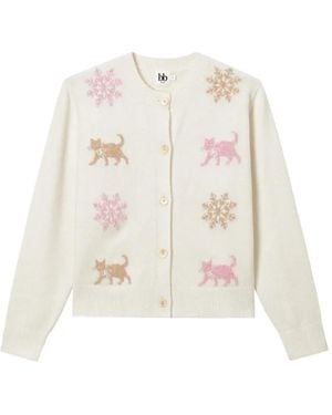 B+ AB Snowflake Cat-Intarsia Cardigan - White