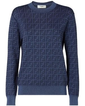 Fendi Textured Crew Neck Sweater With Geometric Design - Blau