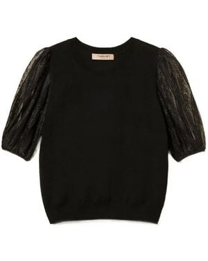 Twinset Lace-Sleeve T-Shirt - Black