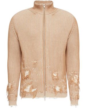 MM6 by Maison Margiela Ribbed Distressed Zip-Up Cardigan - Natural