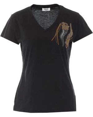 Liu Jo Strass-Embellished V-Neck T-Shirt - Black