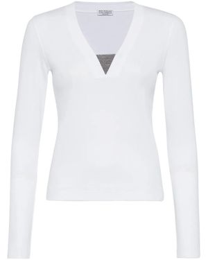 Brunello Cucinelli Long Sleeve V-Neck T-Shirt - White