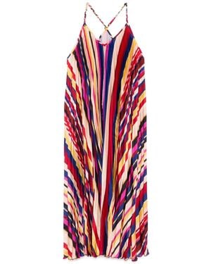 FARM Rio Diagonal-Stripes Pleated Midi Dress - Red