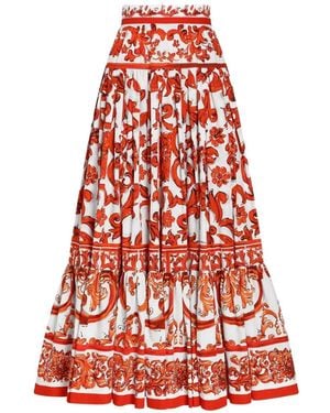 Dolce & Gabbana Majolica-Print Poplin Long Skirt - Red