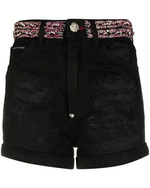 Philipp Plein Crystal Embellished Denim Shorts - Black