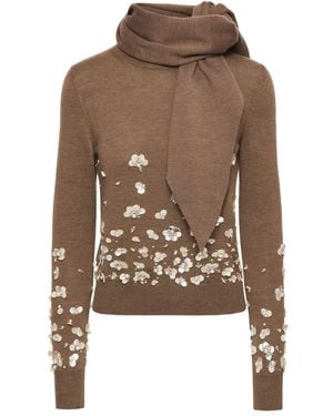 Oscar de la Renta Scarf-Detail Embroidered Jumper - Brown