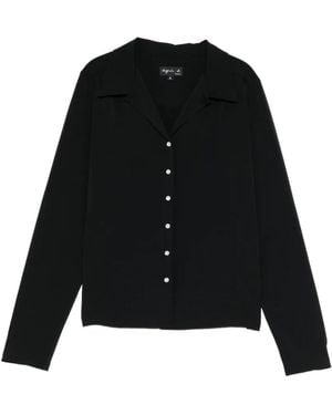 agnès b. Open-Collar Pearl-Snap Shirt - Black