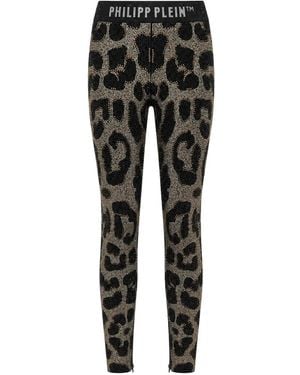 Philipp Plein Leopard-Print Rhinestone-Embellished Leggings - Black