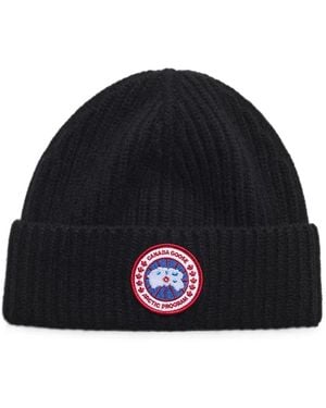 Canada Goose Logo-Patch Ribbed-Knit Beanie Hat - Blue